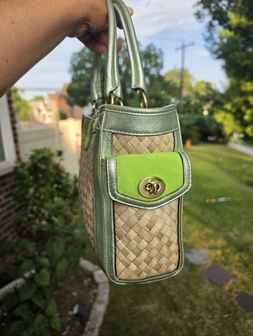 Vintage  Coach Woven Straw Satchel, Green Suade Leather.2004